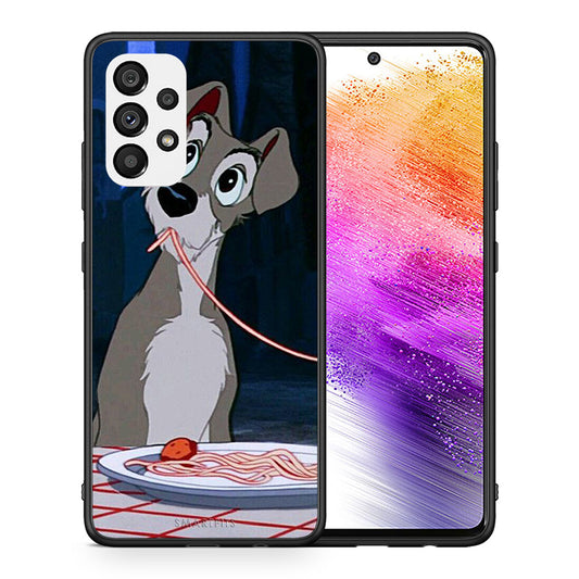 Θήκη Αγίου Βαλεντίνου Samsung A73 5G Lady And Tramp 1 από τη Smartfits με σχέδιο στο πίσω μέρος και μαύρο περίβλημα | Samsung A73 5G Lady And Tramp 1 case with colorful back and black bezels