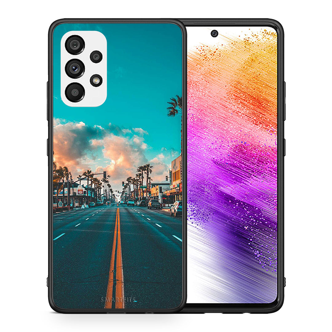 Θήκη Samsung A73 5G City Landscape από τη Smartfits με σχέδιο στο πίσω μέρος και μαύρο περίβλημα | Samsung A73 5G City Landscape case with colorful back and black bezels