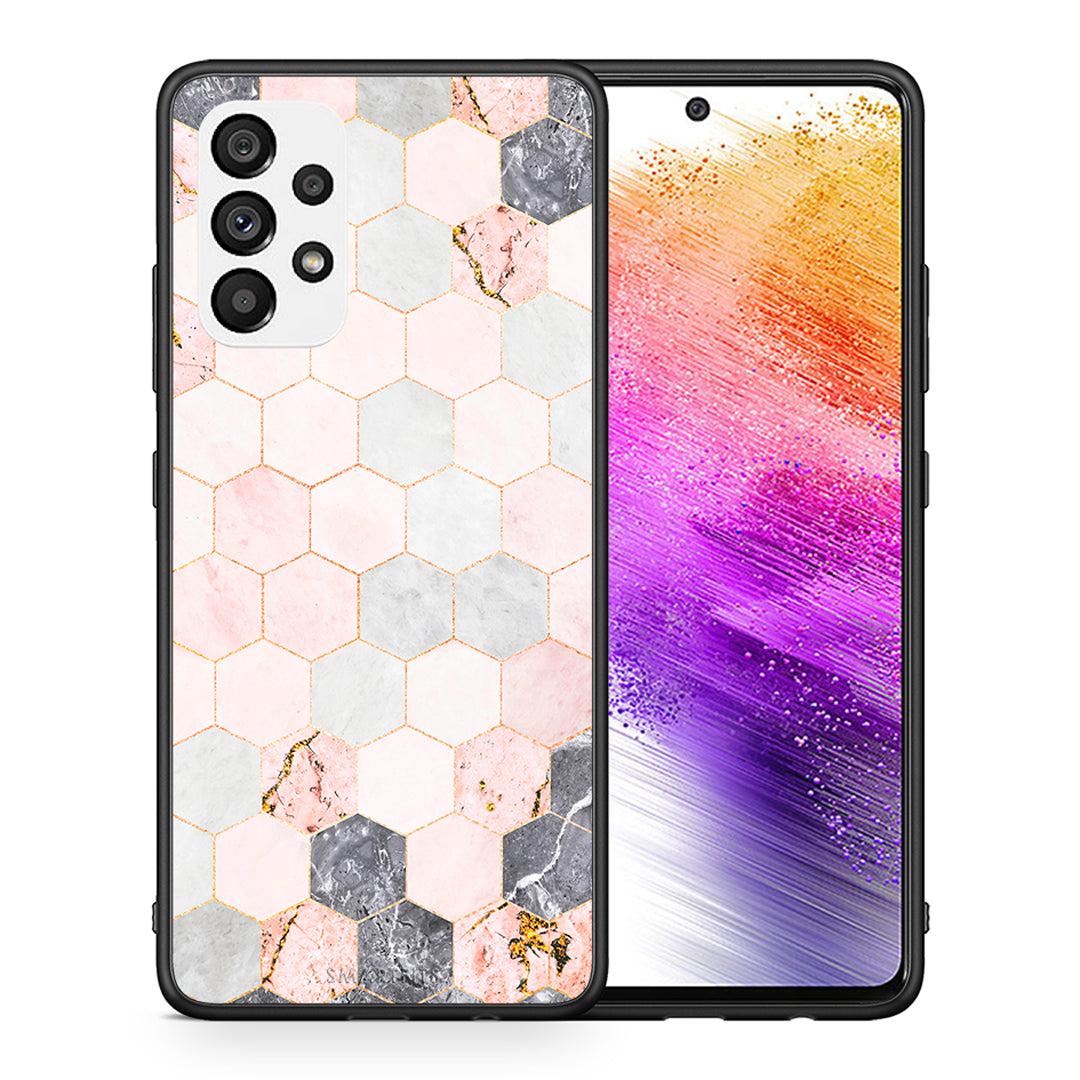 Θήκη Samsung A73 5G Hexagon Pink Marble από τη Smartfits με σχέδιο στο πίσω μέρος και μαύρο περίβλημα | Samsung A73 5G Hexagon Pink Marble case with colorful back and black bezels