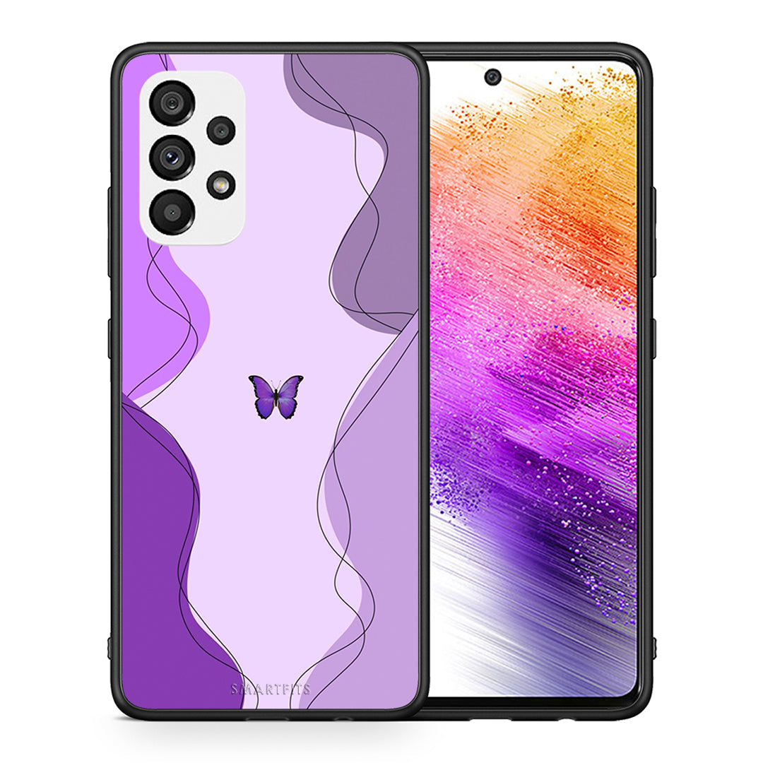Θήκη Αγίου Βαλεντίνου Samsung A73 5G Purple Mariposa από τη Smartfits με σχέδιο στο πίσω μέρος και μαύρο περίβλημα | Samsung A73 5G Purple Mariposa case with colorful back and black bezels