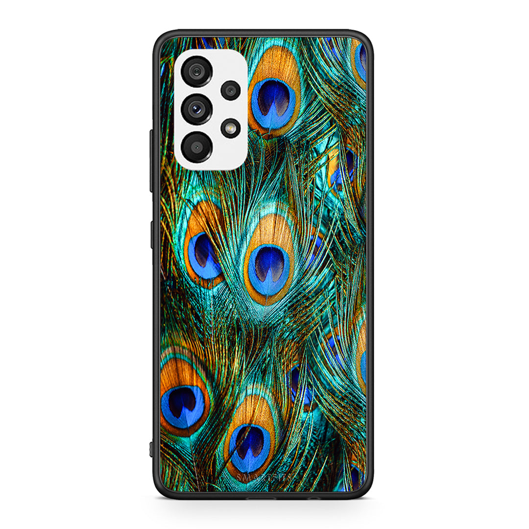 Samsung A73 5G Real Peacock Feathers θήκη από τη Smartfits με σχέδιο στο πίσω μέρος και μαύρο περίβλημα | Smartphone case with colorful back and black bezels by Smartfits