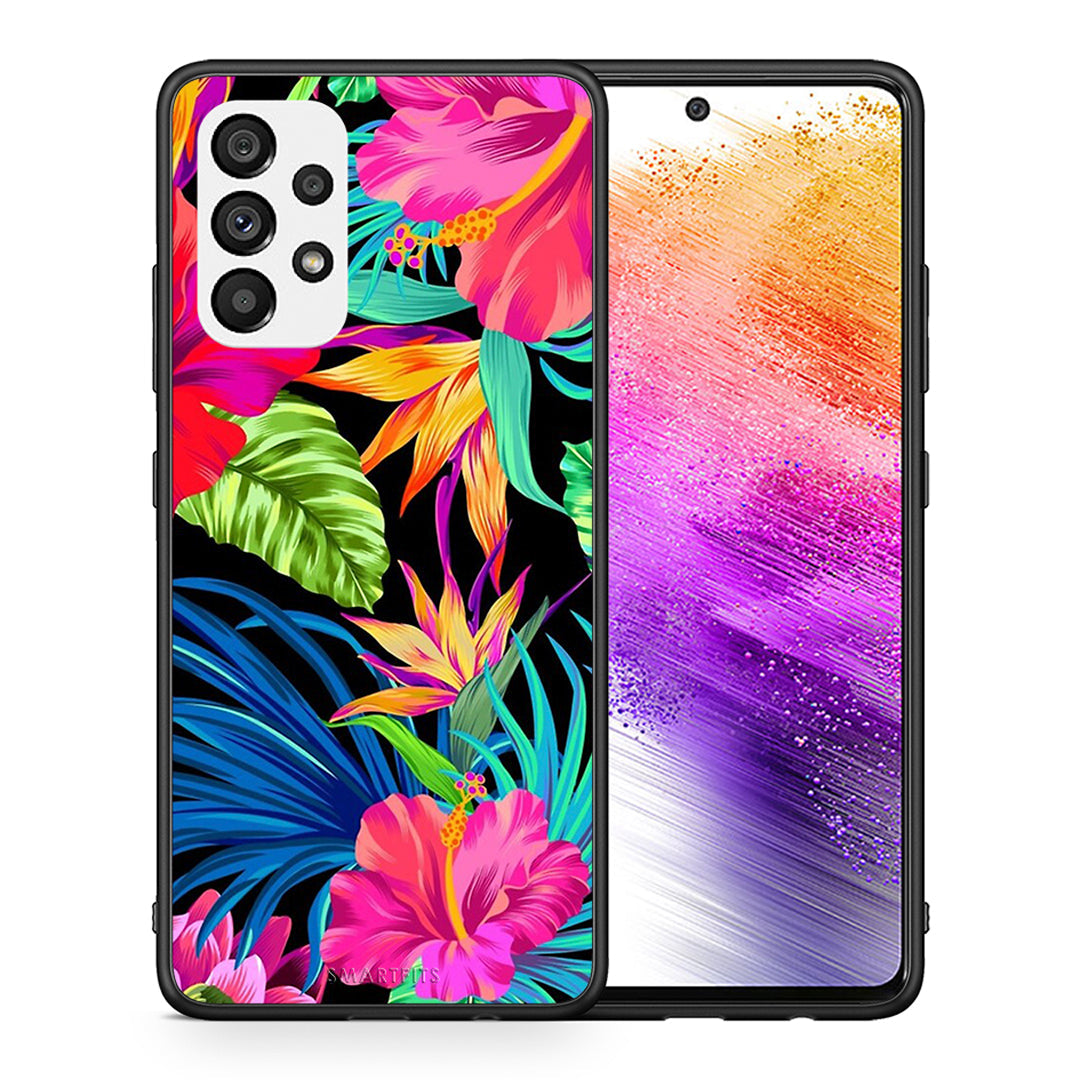 Θήκη Samsung A73 5G Tropical Flowers από τη Smartfits με σχέδιο στο πίσω μέρος και μαύρο περίβλημα | Samsung A73 5G Tropical Flowers case with colorful back and black bezels