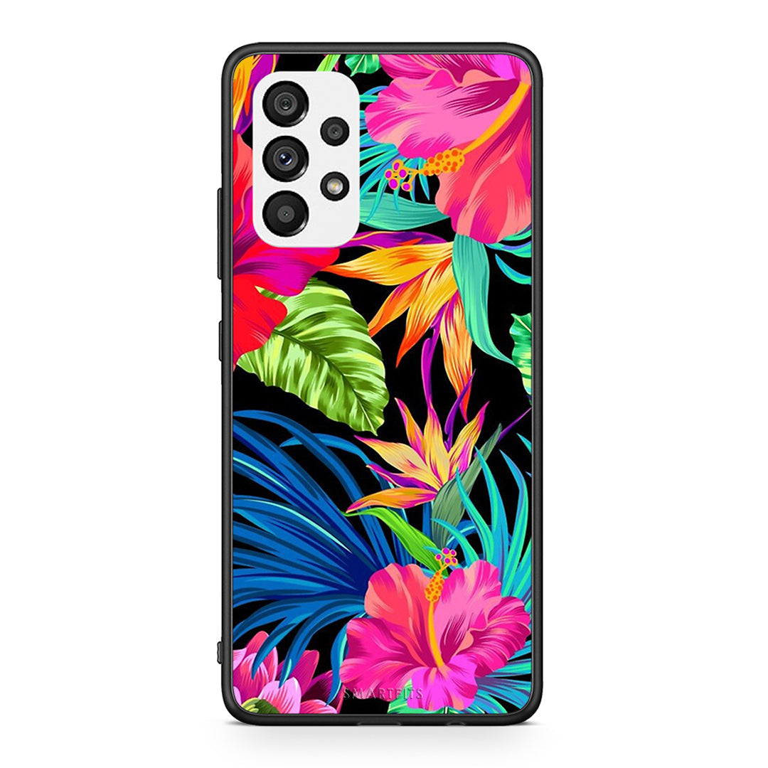 Samsung A73 5G Tropical Flowers θήκη από τη Smartfits με σχέδιο στο πίσω μέρος και μαύρο περίβλημα | Smartphone case with colorful back and black bezels by Smartfits
