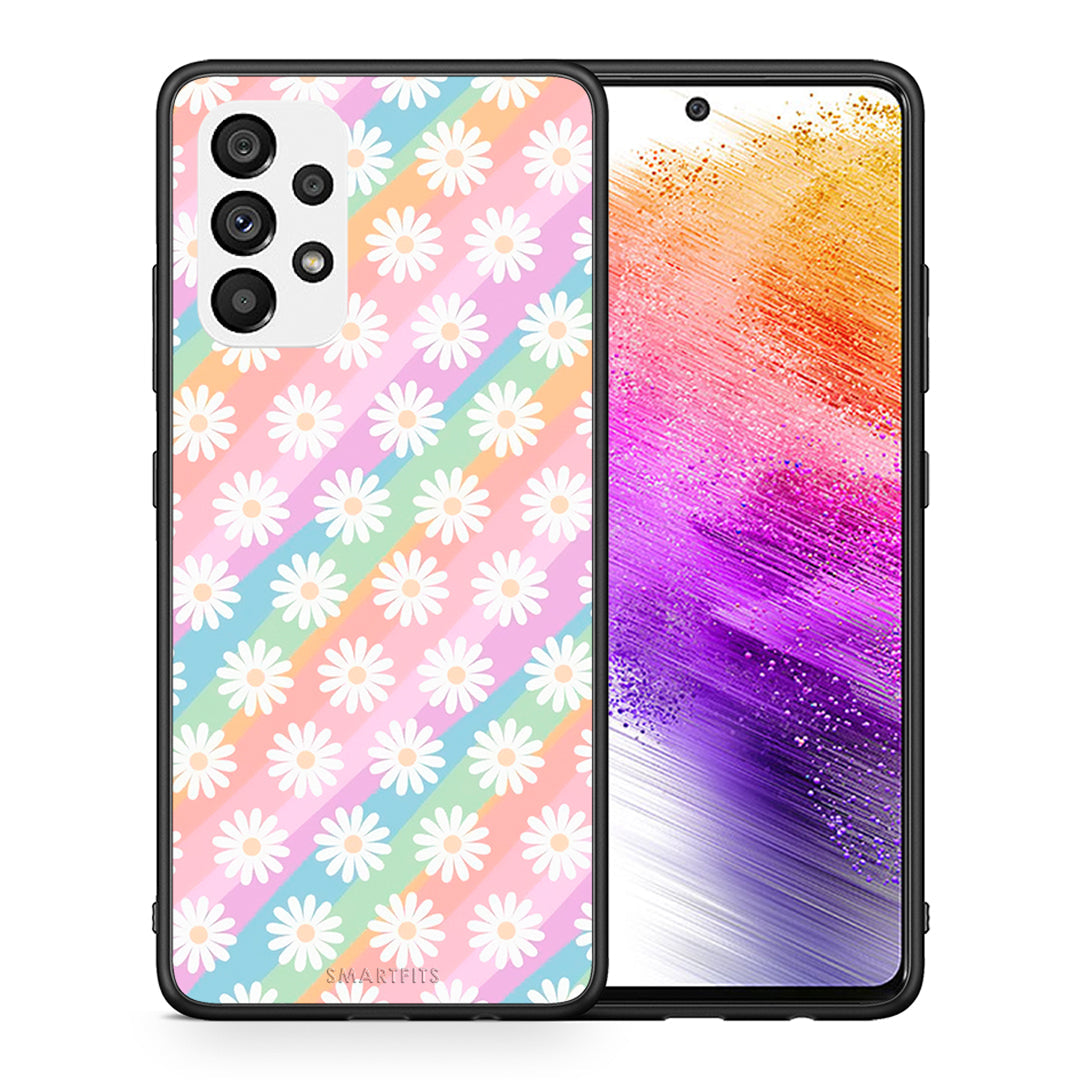 Θήκη Samsung A73 5G White Daisies από τη Smartfits με σχέδιο στο πίσω μέρος και μαύρο περίβλημα | Samsung A73 5G White Daisies case with colorful back and black bezels