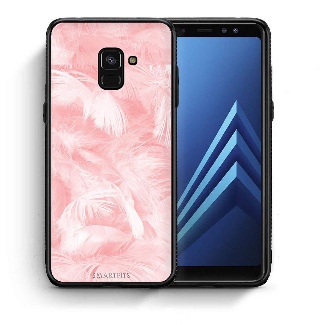 Θήκη Samsung A8 Pink Feather Boho από τη Smartfits με σχέδιο στο πίσω μέρος και μαύρο περίβλημα | Samsung A8 Pink Feather Boho case with colorful back and black bezels