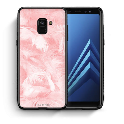 Θήκη Samsung A8 Pink Feather Boho από τη Smartfits με σχέδιο στο πίσω μέρος και μαύρο περίβλημα | Samsung A8 Pink Feather Boho case with colorful back and black bezels