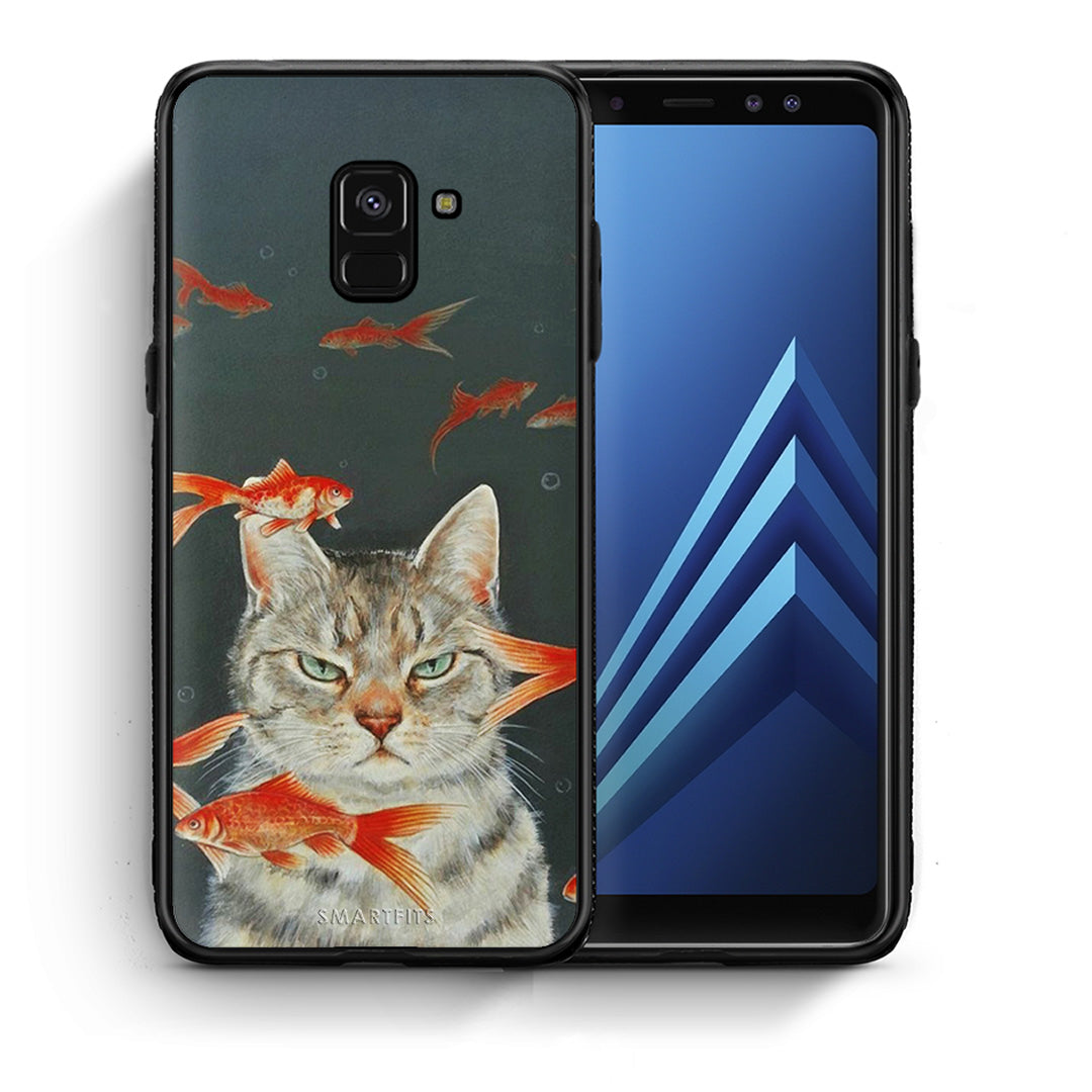 Θήκη Samsung A8 Cat Goldfish από τη Smartfits με σχέδιο στο πίσω μέρος και μαύρο περίβλημα | Samsung A8 Cat Goldfish case with colorful back and black bezels