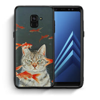 Thumbnail for Θήκη Samsung A8 Cat Goldfish από τη Smartfits με σχέδιο στο πίσω μέρος και μαύρο περίβλημα | Samsung A8 Cat Goldfish case with colorful back and black bezels