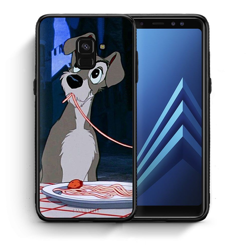 Θήκη Αγίου Βαλεντίνου Samsung A8 Lady And Tramp 1 από τη Smartfits με σχέδιο στο πίσω μέρος και μαύρο περίβλημα | Samsung A8 Lady And Tramp 1 case with colorful back and black bezels