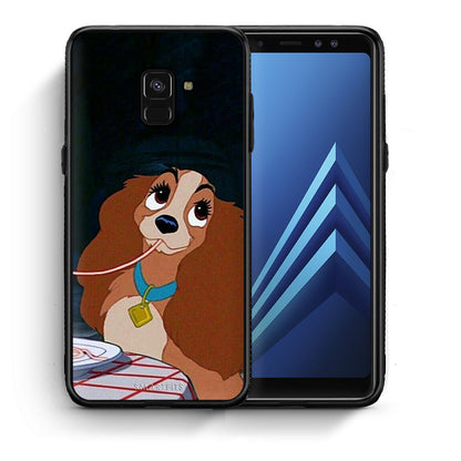 Θήκη Αγίου Βαλεντίνου Samsung A8 Lady And Tramp 2 από τη Smartfits με σχέδιο στο πίσω μέρος και μαύρο περίβλημα | Samsung A8 Lady And Tramp 2 case with colorful back and black bezels