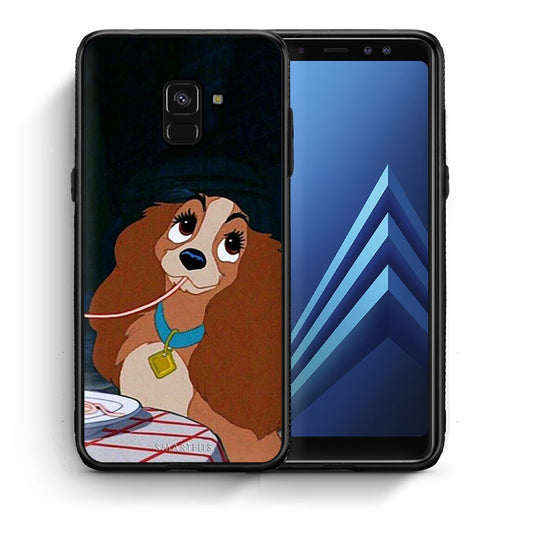 Θήκη Αγίου Βαλεντίνου Samsung A8 Lady And Tramp 2 από τη Smartfits με σχέδιο στο πίσω μέρος και μαύρο περίβλημα | Samsung A8 Lady And Tramp 2 case with colorful back and black bezels