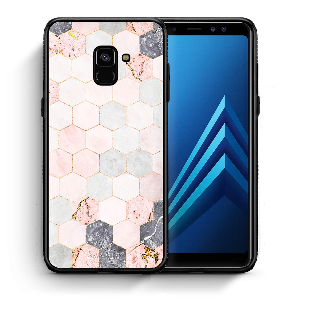 Θήκη Samsung A8 Hexagon Pink Marble από τη Smartfits με σχέδιο στο πίσω μέρος και μαύρο περίβλημα | Samsung A8 Hexagon Pink Marble case with colorful back and black bezels