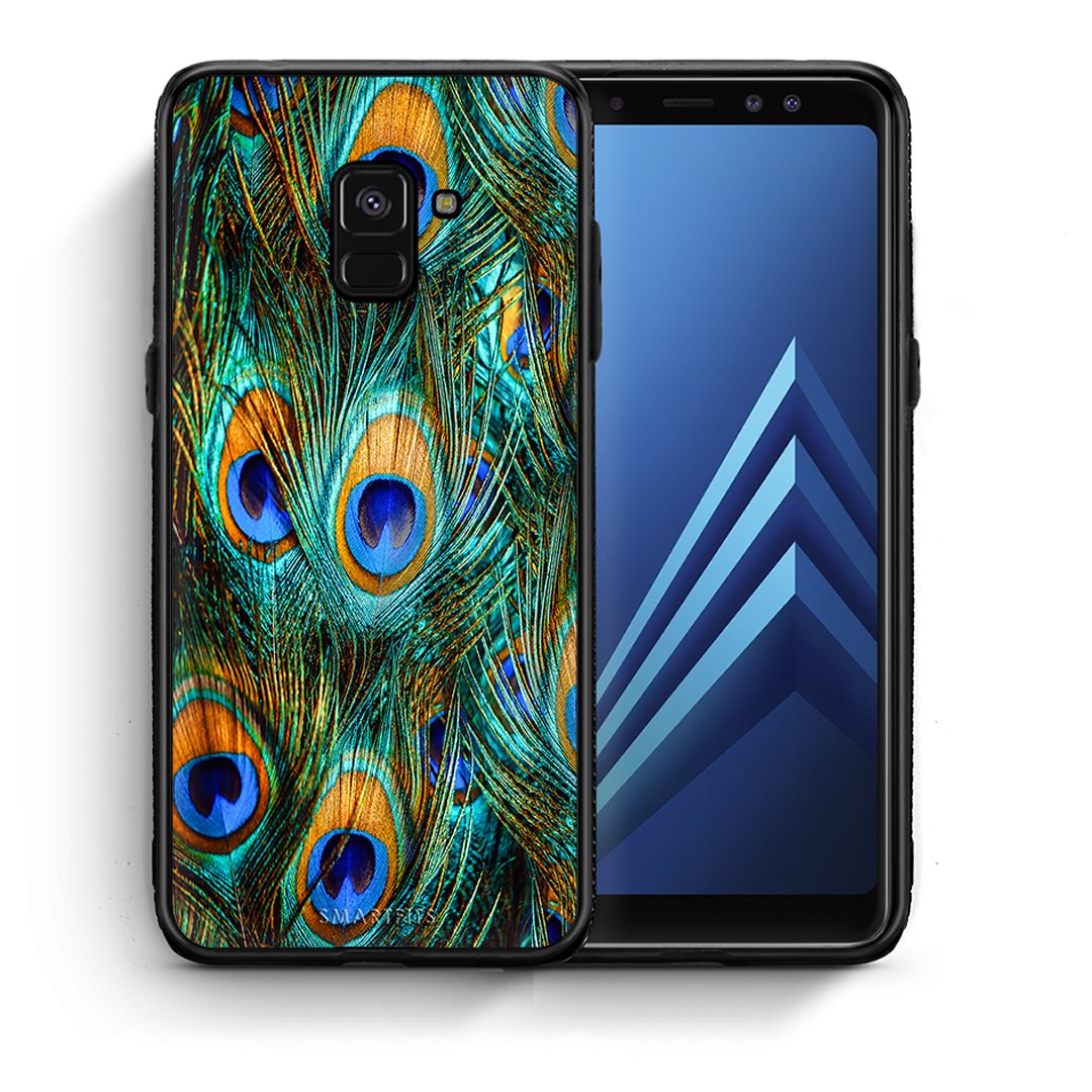 Θήκη Samsung A8 Real Peacock Feathers από τη Smartfits με σχέδιο στο πίσω μέρος και μαύρο περίβλημα | Samsung A8 Real Peacock Feathers case with colorful back and black bezels