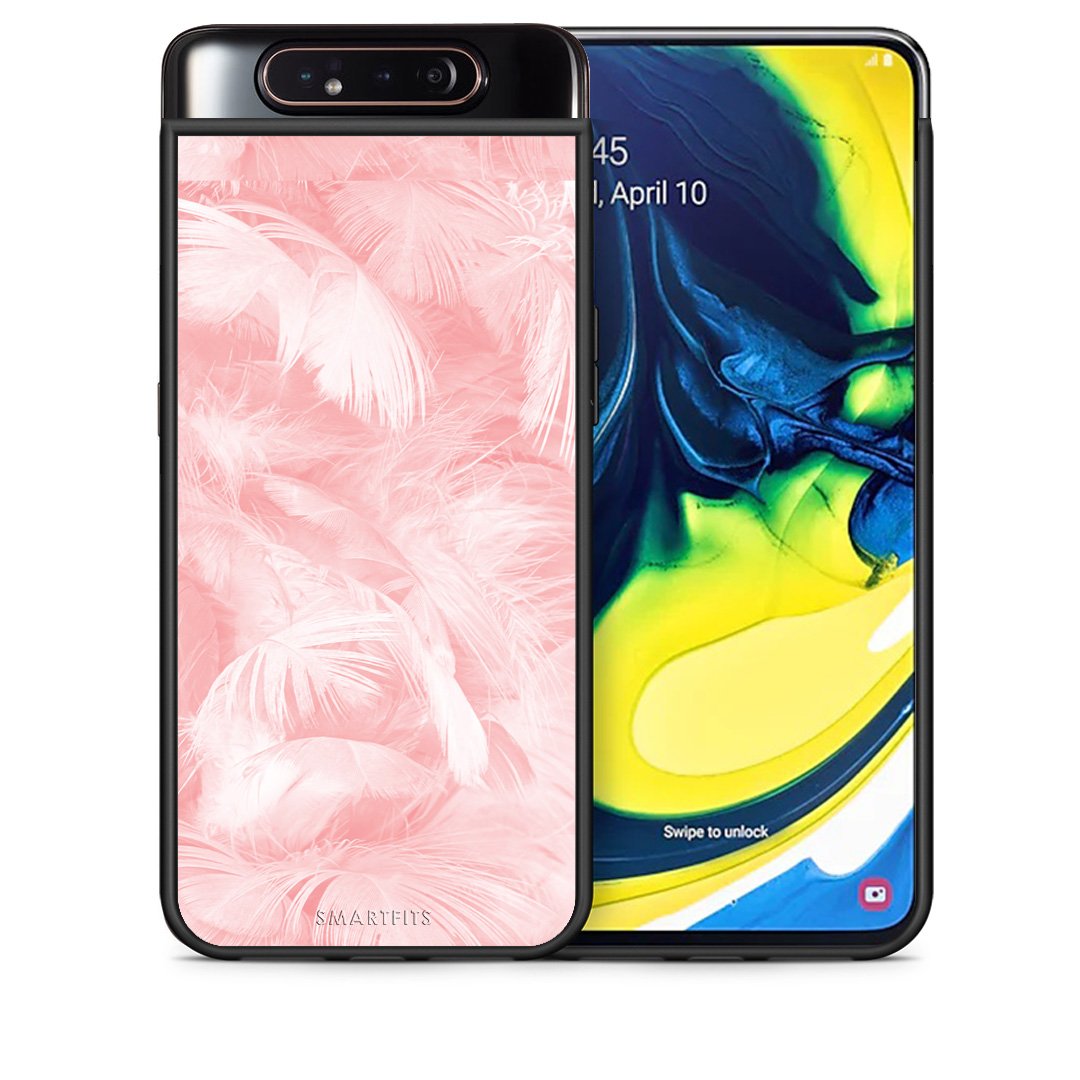 Θήκη Samsung A80 Pink Feather Boho από τη Smartfits με σχέδιο στο πίσω μέρος και μαύρο περίβλημα | Samsung A80 Pink Feather Boho case with colorful back and black bezels