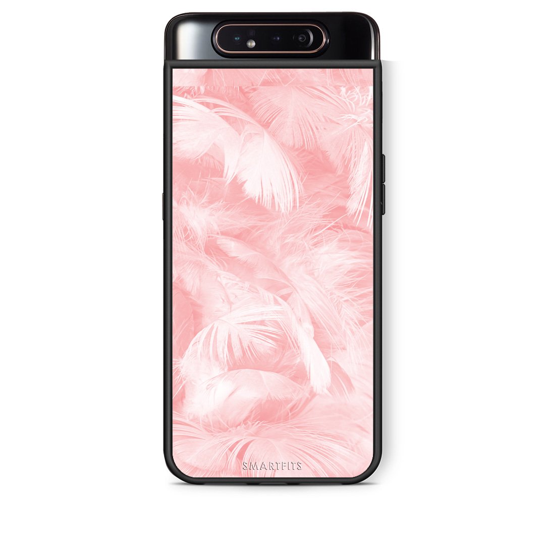 33 - Samsung A80 Pink Feather Boho case, cover, bumper