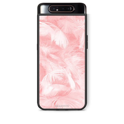 33 - Samsung A80 Pink Feather Boho case, cover, bumper