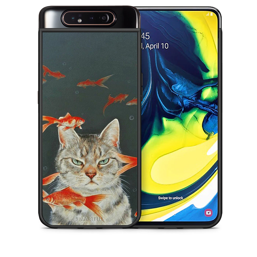 Θήκη Samsung A80 Cat Goldfish από τη Smartfits με σχέδιο στο πίσω μέρος και μαύρο περίβλημα | Samsung A80 Cat Goldfish case with colorful back and black bezels