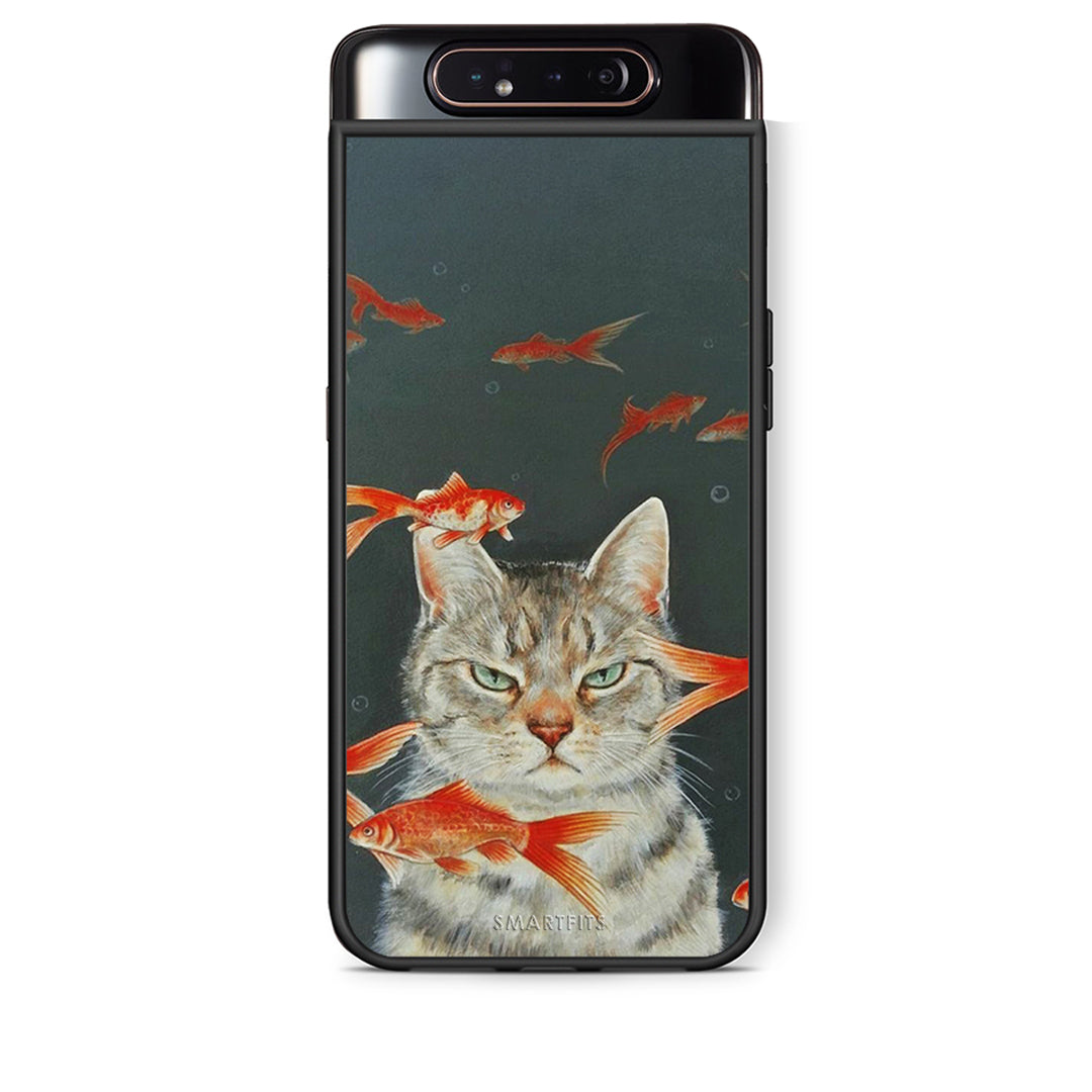 Samsung A80 Cat Goldfish θήκη από τη Smartfits με σχέδιο στο πίσω μέρος και μαύρο περίβλημα | Smartphone case with colorful back and black bezels by Smartfits