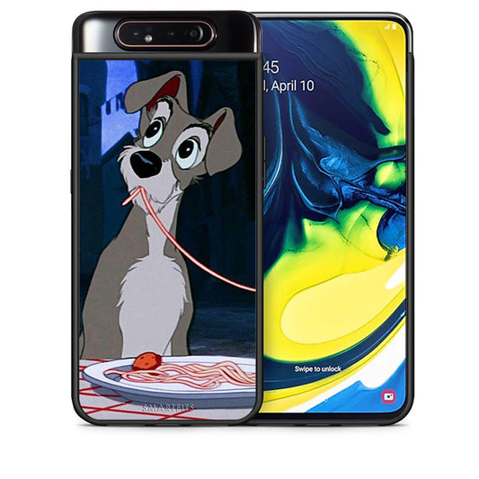 Θήκη Αγίου Βαλεντίνου Samsung A80 Lady And Tramp 1 από τη Smartfits με σχέδιο στο πίσω μέρος και μαύρο περίβλημα | Samsung A80 Lady And Tramp 1 case with colorful back and black bezels