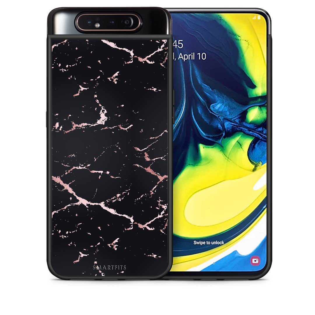 Θήκη Samsung A80 Black Rosegold Marble από τη Smartfits με σχέδιο στο πίσω μέρος και μαύρο περίβλημα | Samsung A80 Black Rosegold Marble case with colorful back and black bezels
