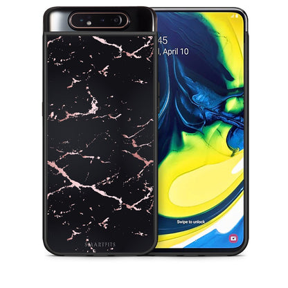 Θήκη Samsung A80 Black Rosegold Marble από τη Smartfits με σχέδιο στο πίσω μέρος και μαύρο περίβλημα | Samsung A80 Black Rosegold Marble case with colorful back and black bezels