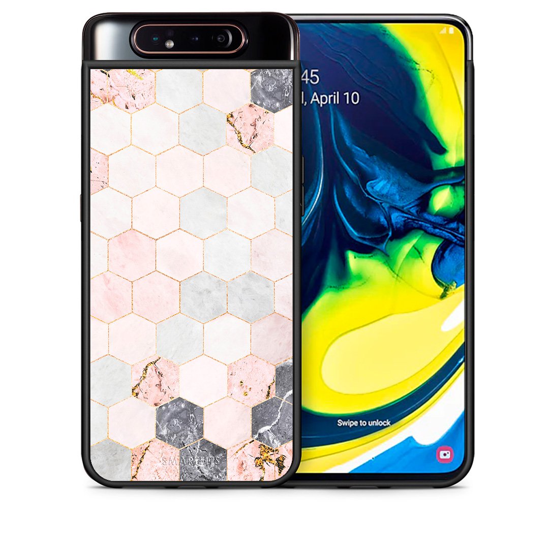 Θήκη Samsung A80 Hexagon Pink Marble από τη Smartfits με σχέδιο στο πίσω μέρος και μαύρο περίβλημα | Samsung A80 Hexagon Pink Marble case with colorful back and black bezels