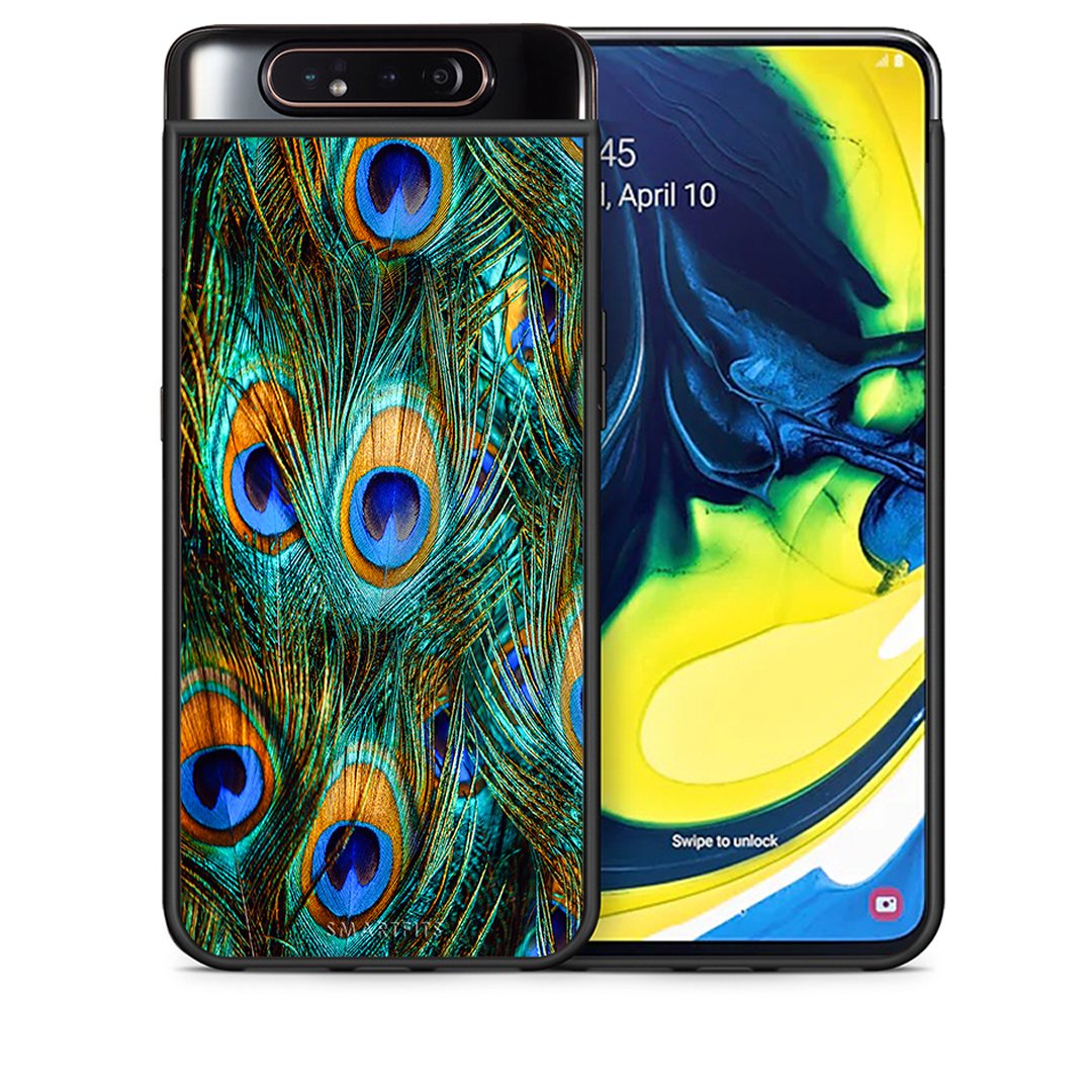 Θήκη Samsung A80 Real Peacock Feathers από τη Smartfits με σχέδιο στο πίσω μέρος και μαύρο περίβλημα | Samsung A80 Real Peacock Feathers case with colorful back and black bezels