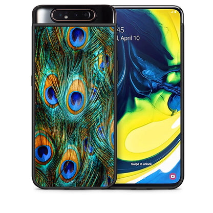 Θήκη Samsung A80 Real Peacock Feathers από τη Smartfits με σχέδιο στο πίσω μέρος και μαύρο περίβλημα | Samsung A80 Real Peacock Feathers case with colorful back and black bezels