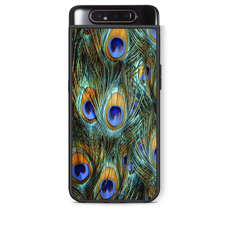 Samsung A80 Real Peacock Feathers θήκη από τη Smartfits με σχέδιο στο πίσω μέρος και μαύρο περίβλημα | Smartphone case with colorful back and black bezels by Smartfits