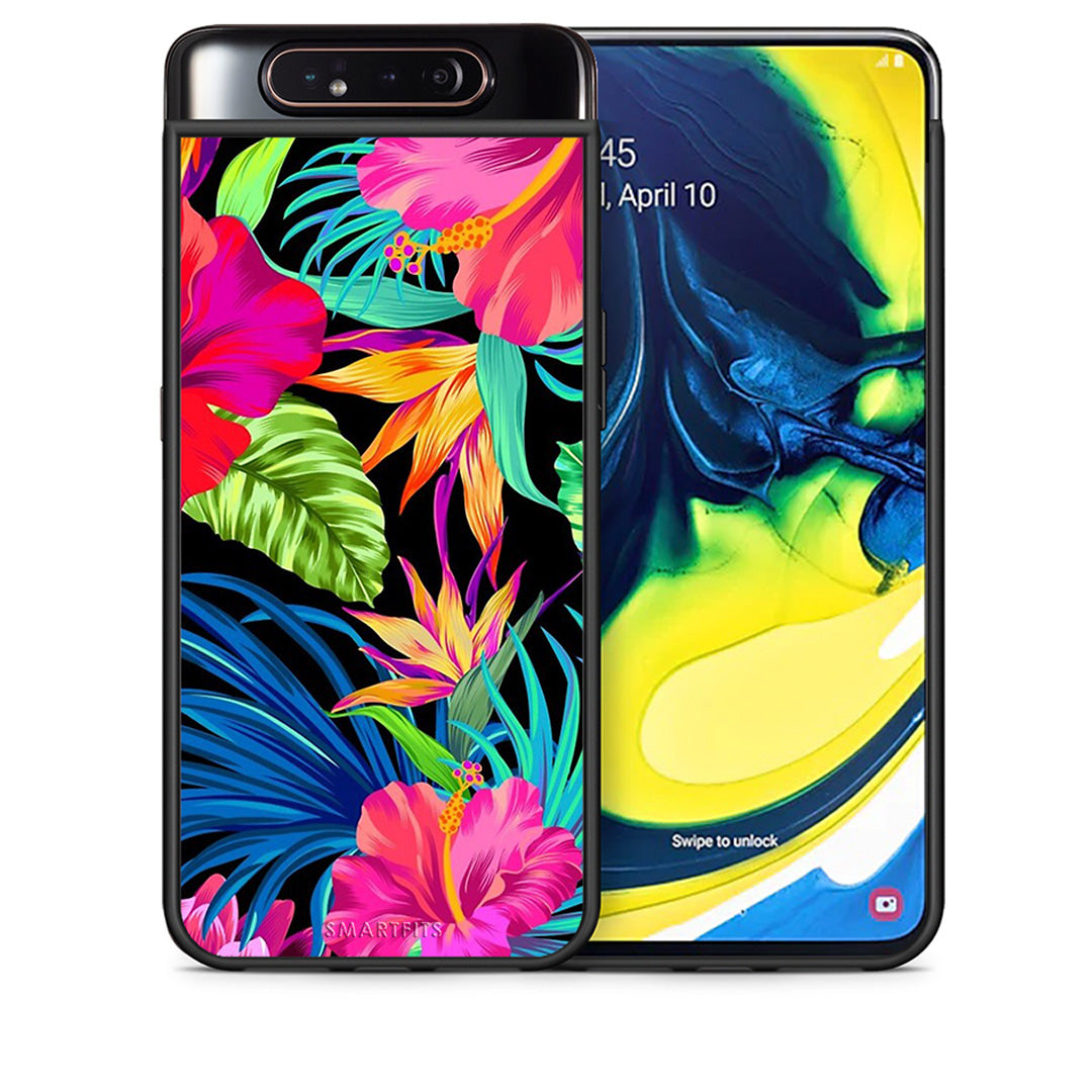 Θήκη Samsung A80 Tropical Flowers από τη Smartfits με σχέδιο στο πίσω μέρος και μαύρο περίβλημα | Samsung A80 Tropical Flowers case with colorful back and black bezels