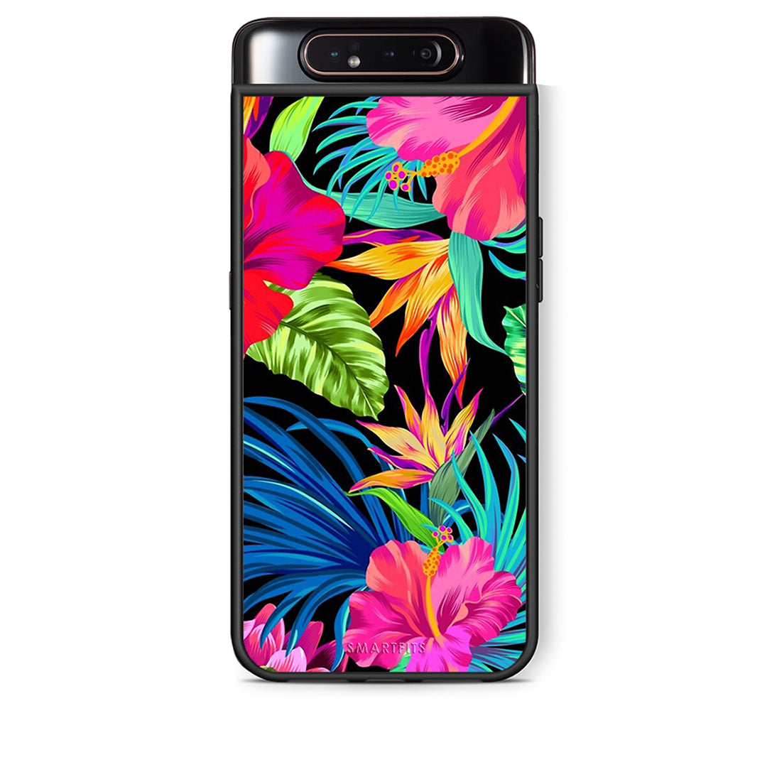 Samsung A80 Tropical Flowers θήκη από τη Smartfits με σχέδιο στο πίσω μέρος και μαύρο περίβλημα | Smartphone case with colorful back and black bezels by Smartfits