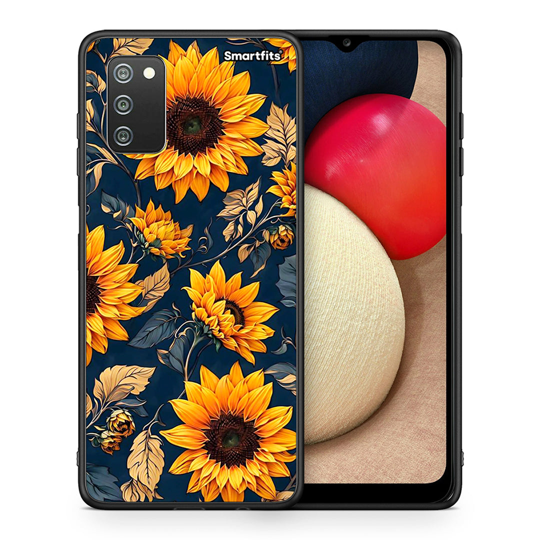 Θήκη Samsung A02s Autumn Sunflowers από τη Smartfits με σχέδιο στο πίσω μέρος και μαύρο περίβλημα | Samsung A02s Autumn Sunflowers case with colorful back and black bezels