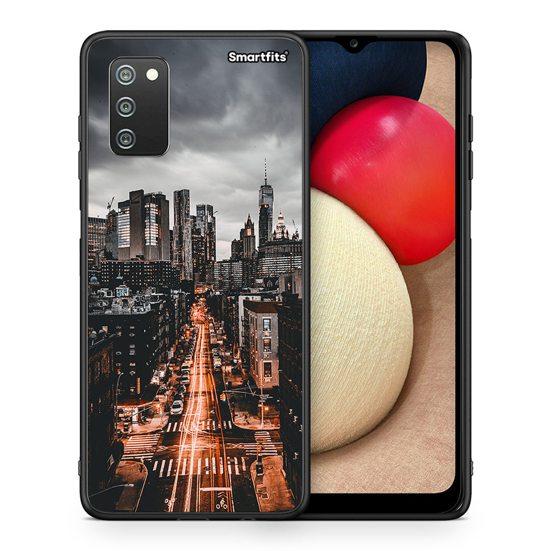 Θήκη Samsung A02s City Lights από τη Smartfits με σχέδιο στο πίσω μέρος και μαύρο περίβλημα | Samsung A02s City Lights case with colorful back and black bezels