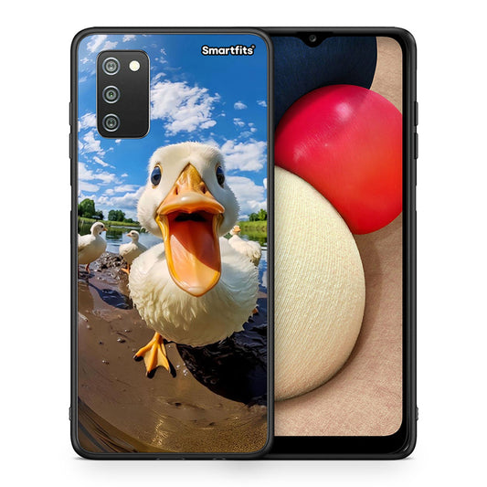 Θήκη Samsung A02s Duck Face από τη Smartfits με σχέδιο στο πίσω μέρος και μαύρο περίβλημα | Samsung A02s Duck Face case with colorful back and black bezels
