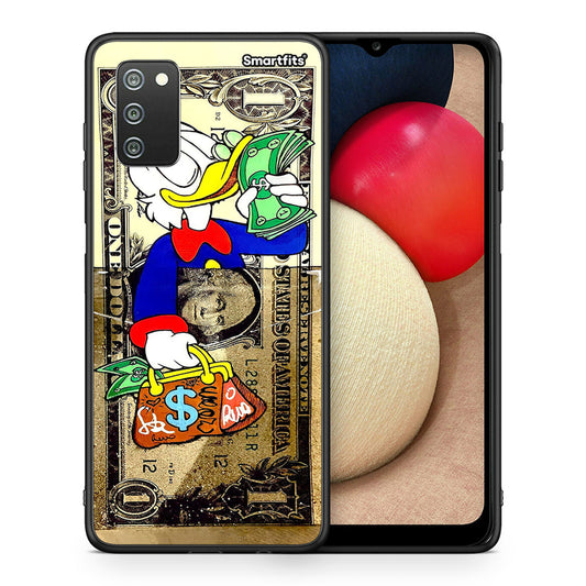 Θήκη Samsung A02s Duck Money από τη Smartfits με σχέδιο στο πίσω μέρος και μαύρο περίβλημα | Samsung A02s Duck Money case with colorful back and black bezels