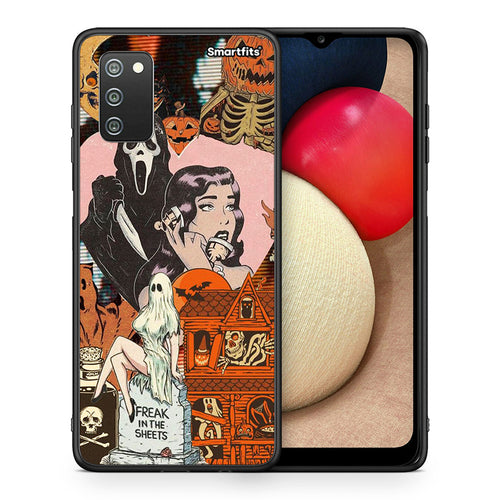 Θήκη Samsung A02s Halloween Collage από τη Smartfits με σχέδιο στο πίσω μέρος και μαύρο περίβλημα | Samsung A02s Halloween Collage case with colorful back and black bezels