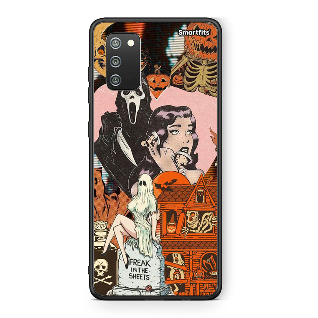 Samsung A02s Halloween Collage Θήκη από τη Smartfits με σχέδιο στο πίσω μέρος και μαύρο περίβλημα | Smartphone case with colorful back and black bezels by Smartfits