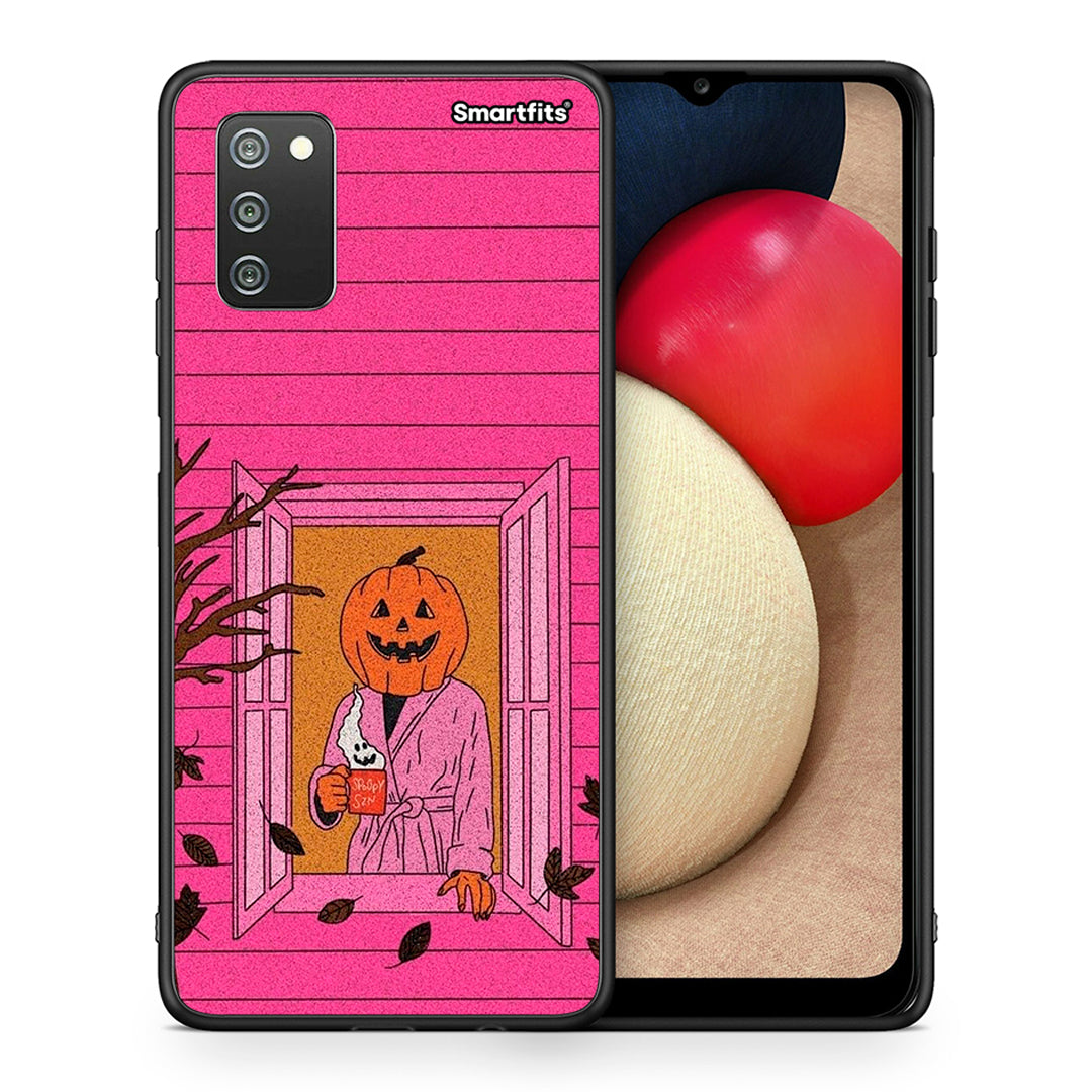 Θήκη Samsung A02s Halloween Pumpkin Lady από τη Smartfits με σχέδιο στο πίσω μέρος και μαύρο περίβλημα | Samsung A02s Halloween Pumpkin Lady case with colorful back and black bezels