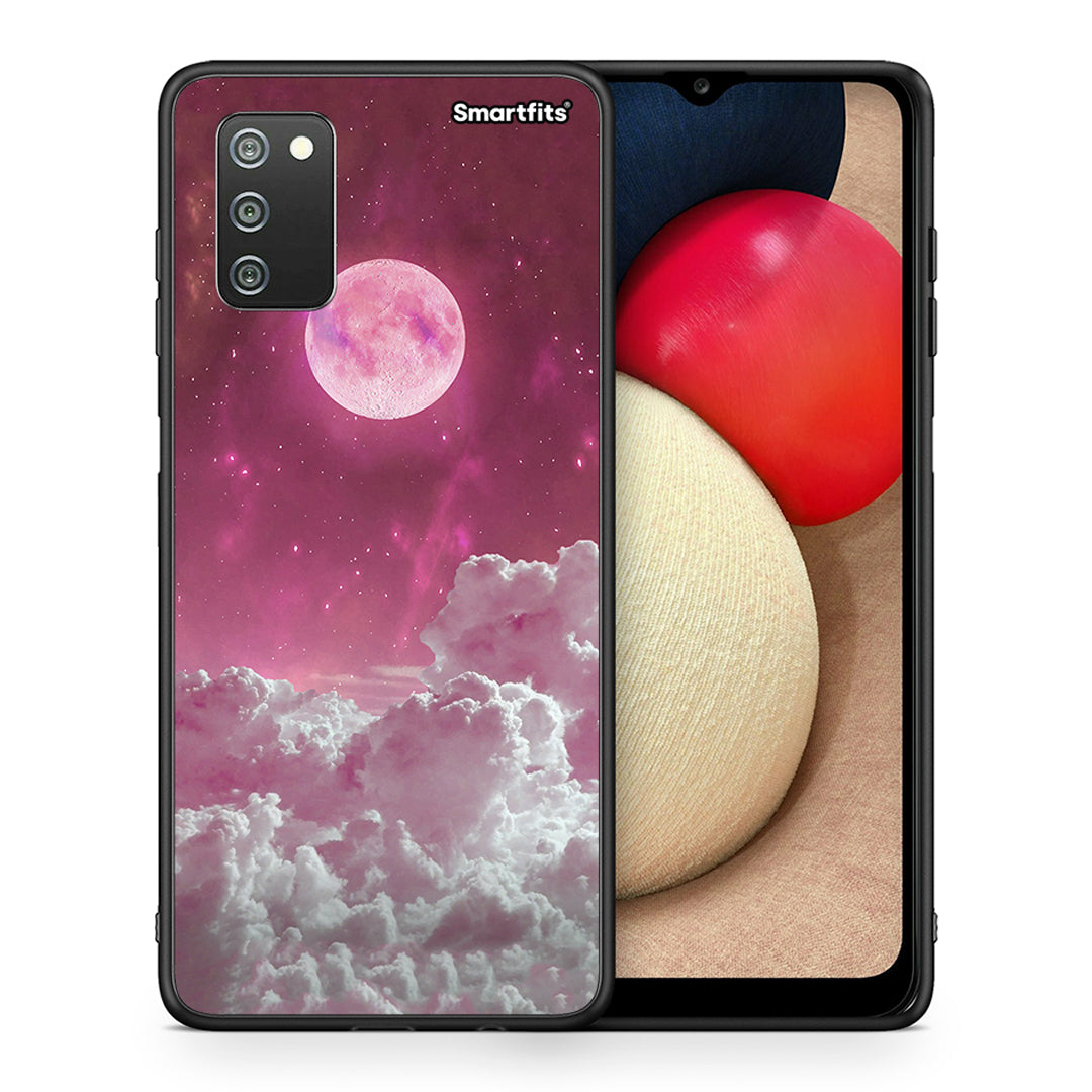 Θήκη Samsung A02s Pink Moon από τη Smartfits με σχέδιο στο πίσω μέρος και μαύρο περίβλημα | Samsung A02s Pink Moon case with colorful back and black bezels