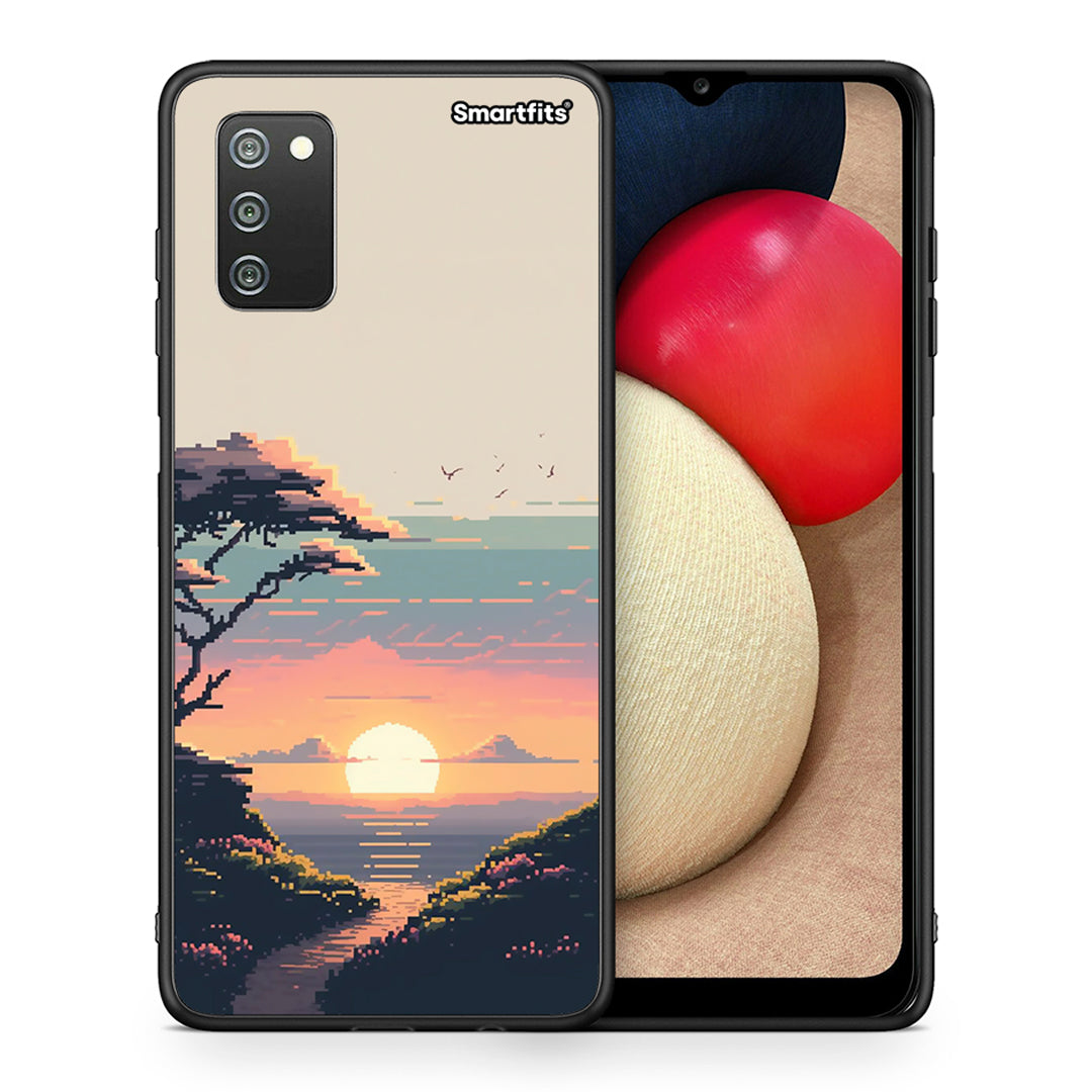 Θήκη Samsung A02s Pixel Sunset από τη Smartfits με σχέδιο στο πίσω μέρος και μαύρο περίβλημα | Samsung A02s Pixel Sunset case with colorful back and black bezels