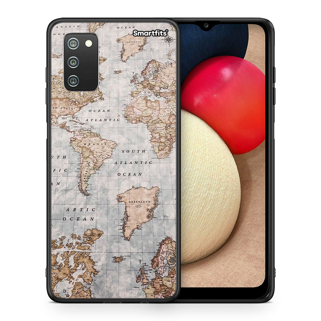 Θήκη Samsung A02s World Map από τη Smartfits με σχέδιο στο πίσω μέρος και μαύρο περίβλημα | Samsung A02s World Map case with colorful back and black bezels
