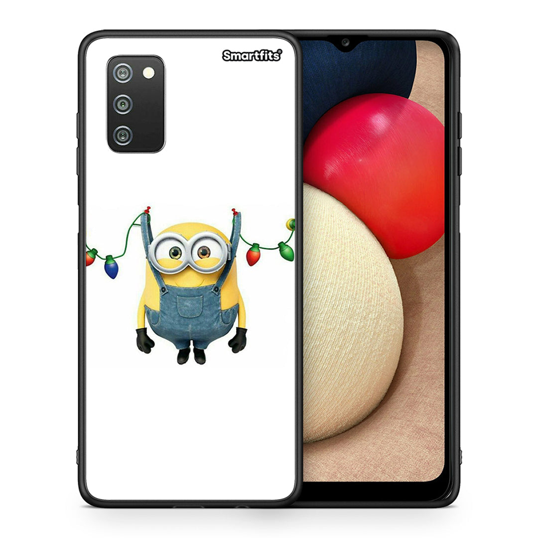 Θήκη Samsung A02s Xmas Minion Lights από τη Smartfits με σχέδιο στο πίσω μέρος και μαύρο περίβλημα | Samsung A02s Xmas Minion Lights case with colorful back and black bezels