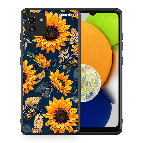 Θήκη Samsung A03 Autumn Sunflowers από τη Smartfits με σχέδιο στο πίσω μέρος και μαύρο περίβλημα | Samsung A03 Autumn Sunflowers case with colorful back and black bezels