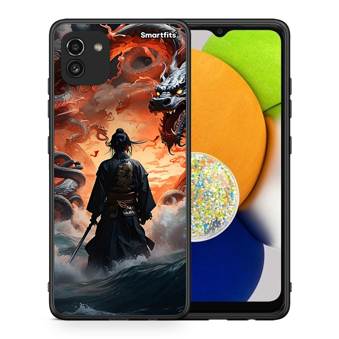 Θήκη Samsung A03 Dragons Fight από τη Smartfits με σχέδιο στο πίσω μέρος και μαύρο περίβλημα | Samsung A03 Dragons Fight case with colorful back and black bezels