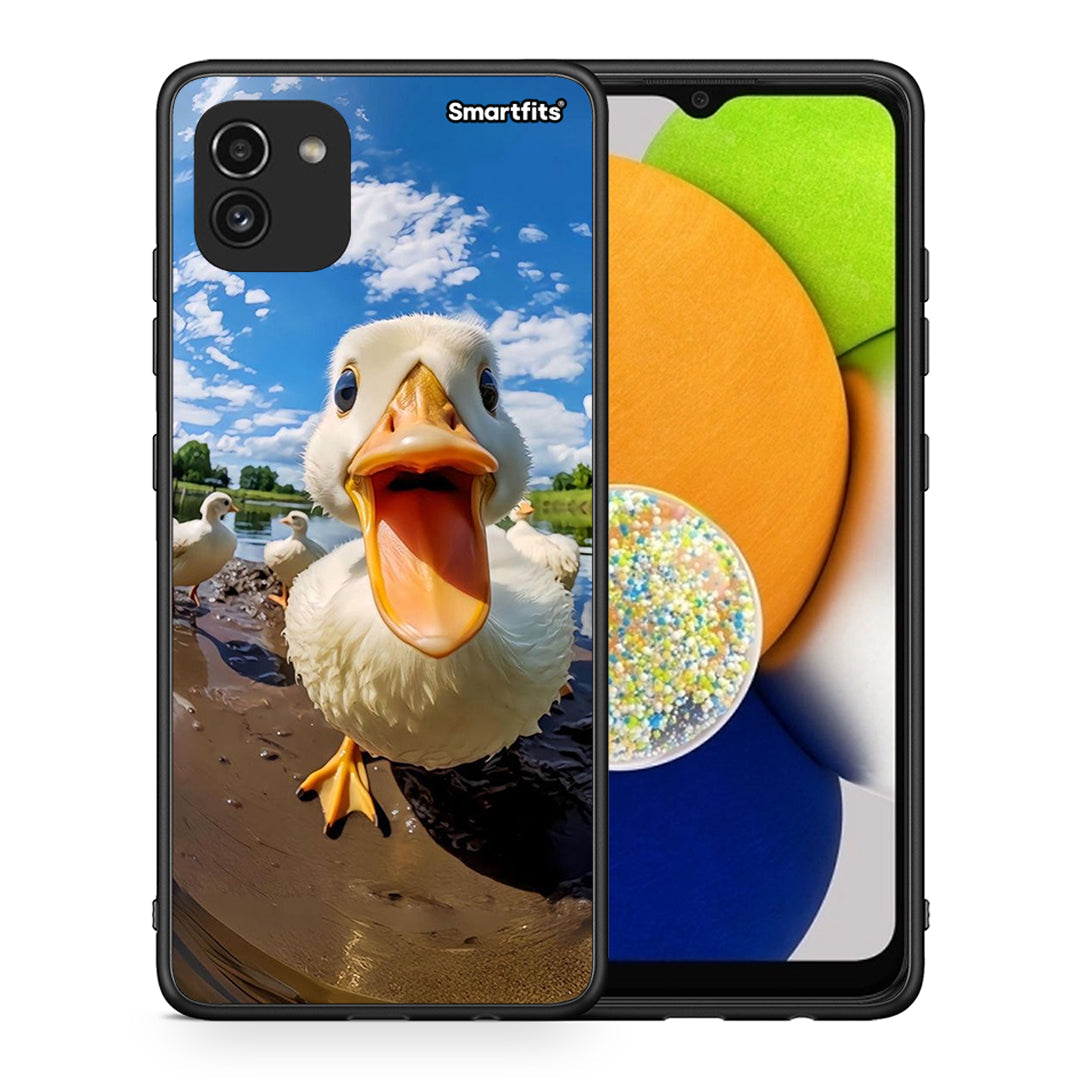 Θήκη Samsung A03 Duck Face από τη Smartfits με σχέδιο στο πίσω μέρος και μαύρο περίβλημα | Samsung A03 Duck Face case with colorful back and black bezels