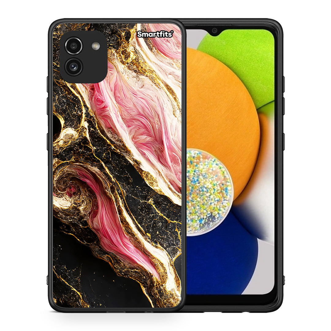 Θήκη Samsung A03 Glamorous Pink Marble από τη Smartfits με σχέδιο στο πίσω μέρος και μαύρο περίβλημα | Samsung A03 Glamorous Pink Marble case with colorful back and black bezels