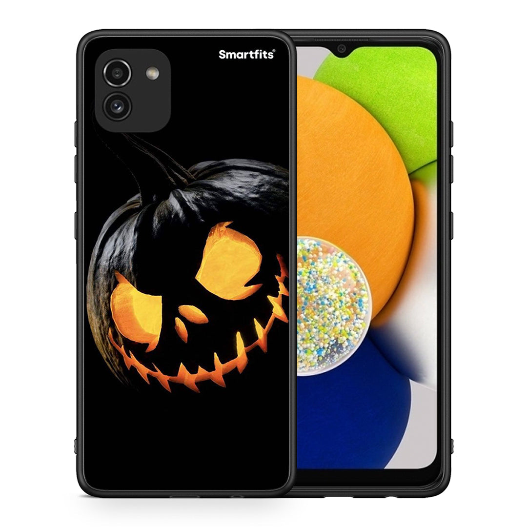 Θήκη Samsung A03 Halloween Scary Pumpkin από τη Smartfits με σχέδιο στο πίσω μέρος και μαύρο περίβλημα | Samsung A03 Halloween Scary Pumpkin case with colorful back and black bezels