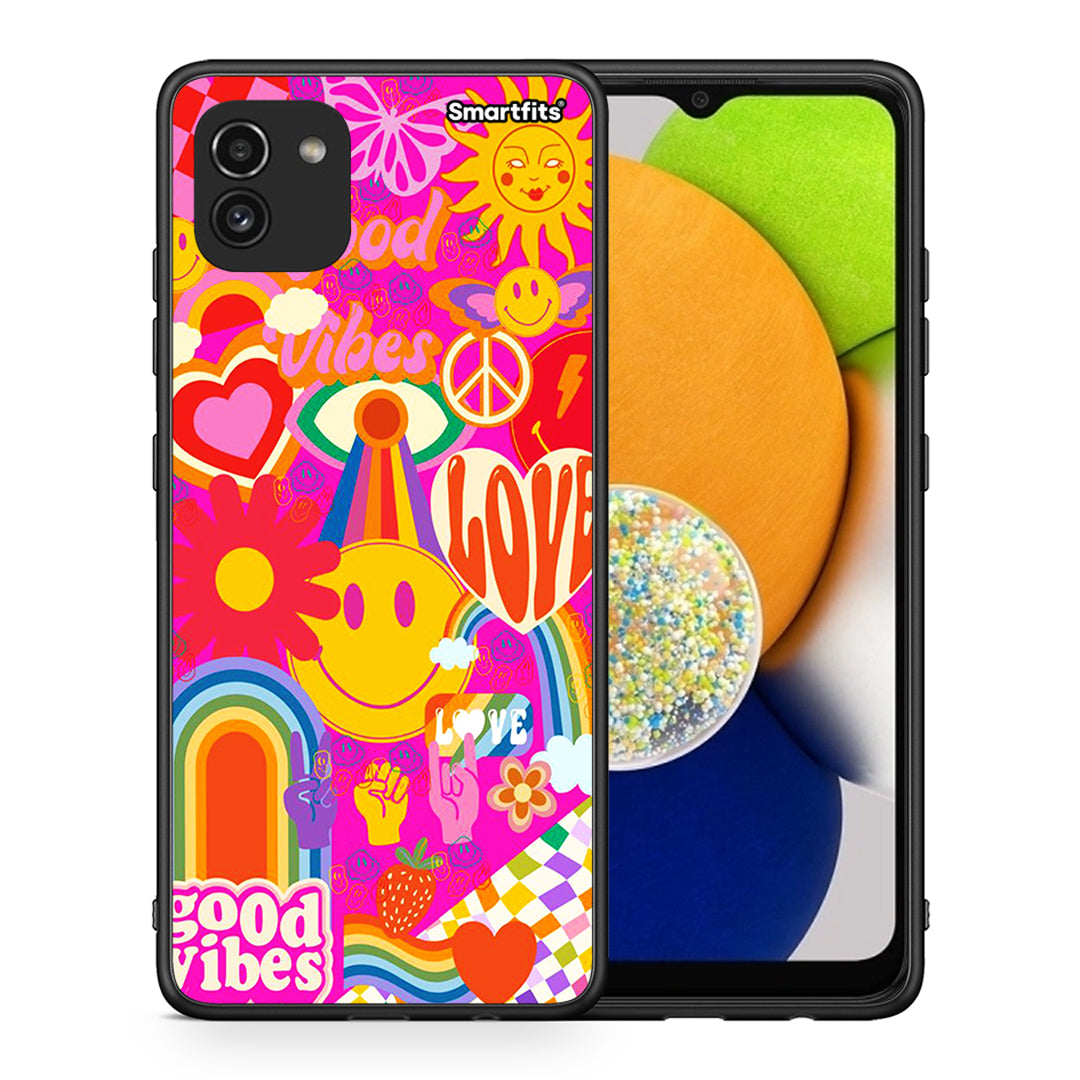 Θήκη Samsung A03 Hippie Love από τη Smartfits με σχέδιο στο πίσω μέρος και μαύρο περίβλημα | Samsung A03 Hippie Love case with colorful back and black bezels