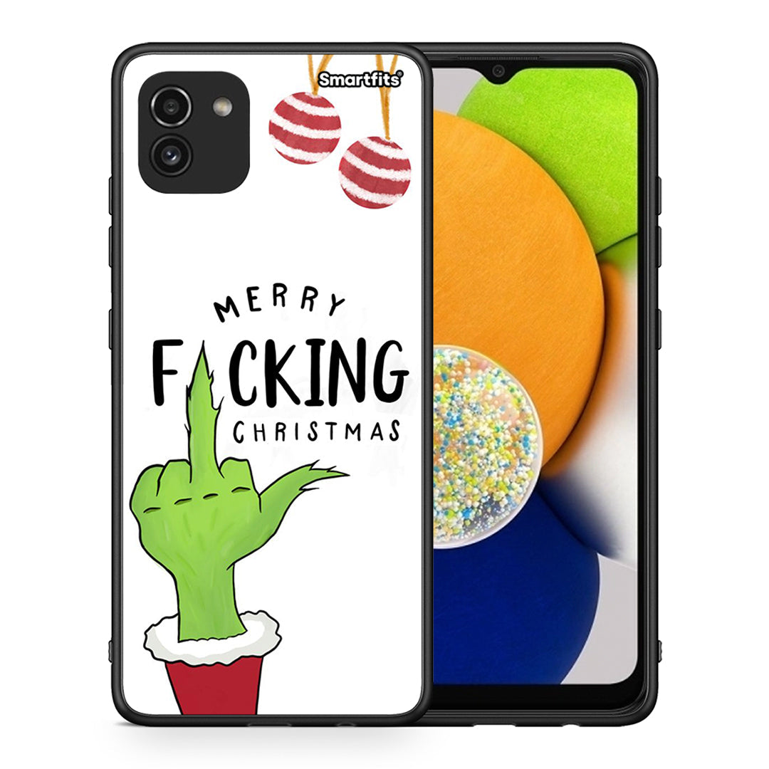 Θήκη Samsung A03 Merry F Xmas από τη Smartfits με σχέδιο στο πίσω μέρος και μαύρο περίβλημα | Samsung A03 Merry F Xmas case with colorful back and black bezels