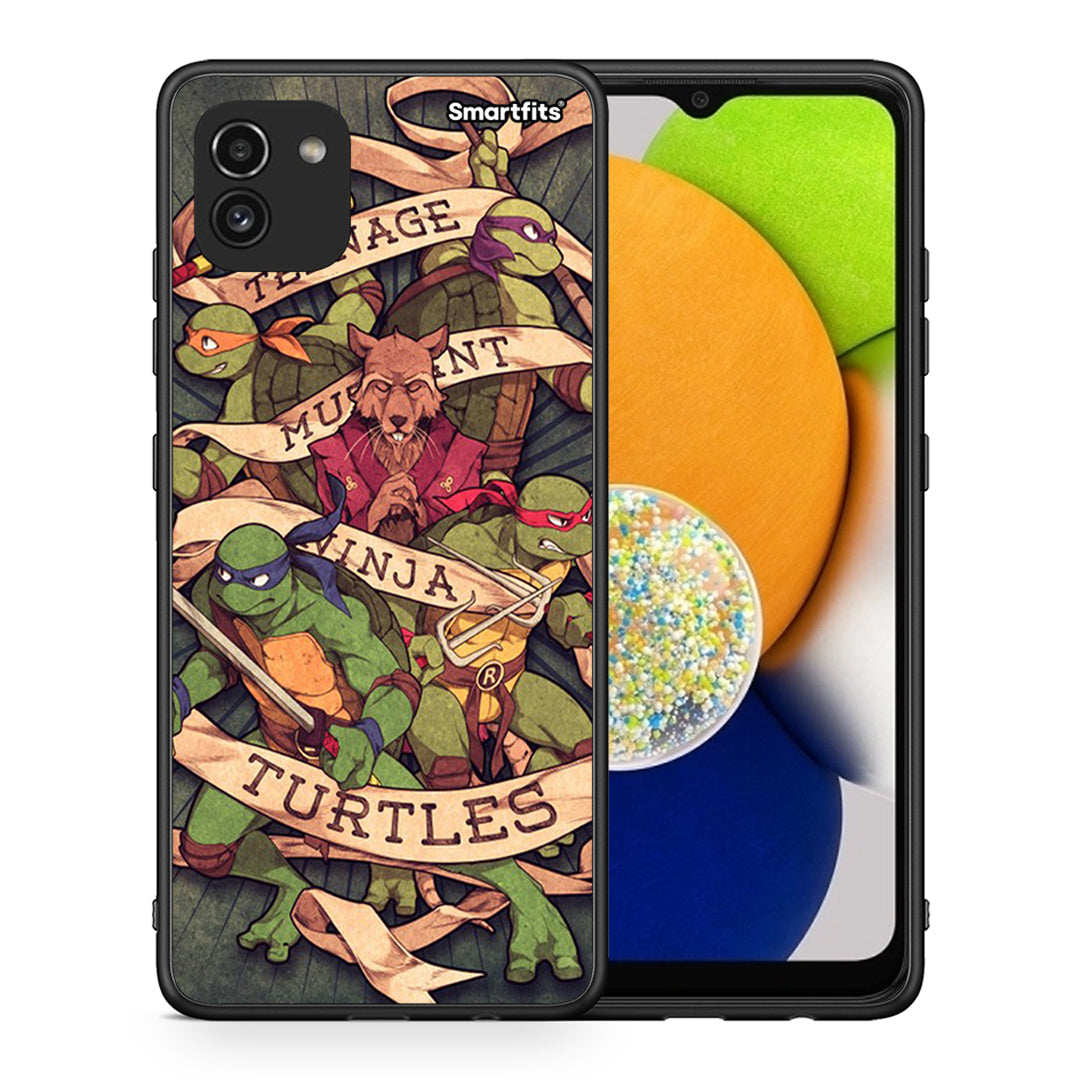Θήκη Samsung A03 Ninja Turtles από τη Smartfits με σχέδιο στο πίσω μέρος και μαύρο περίβλημα | Samsung A03 Ninja Turtles case with colorful back and black bezels